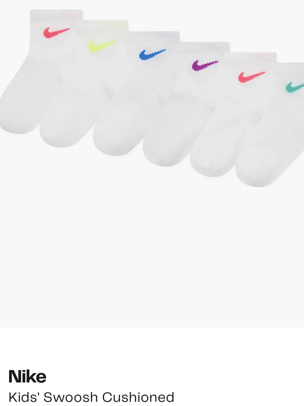 Nike Kids 6-Pack Socks Multicolor Swoosh SZ-5-7 Sock or SZ-YTH 7C - 10C shoe